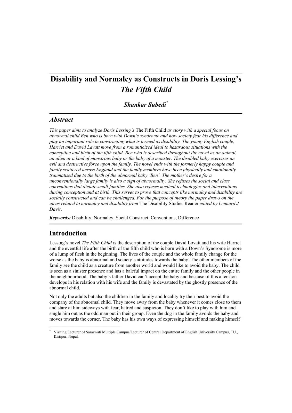 غلاف تقرير Disability and Normalcy as Constructs in Doris Lessing's The Fifth Child