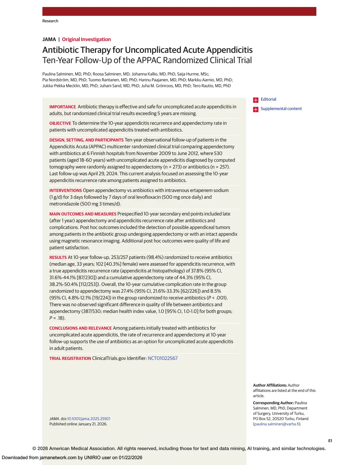 غلاف تقرير Antibiotic Therapy for Uncomplicated Acute Appendicitis: Ten-Year Follow-Up of the APPAC Randomized Clinical Trial