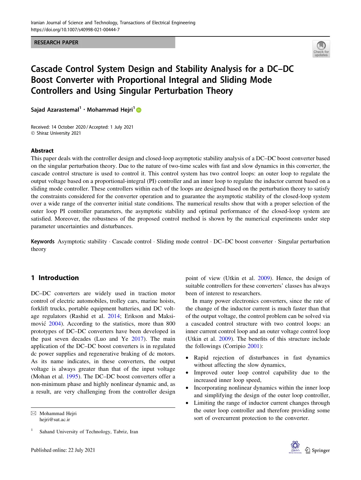 غلاف تقرير Cascade Control System Design and Stability Analysis for a DC-DC Boost Converter with Proportional Integral and Sliding Mode Controllers and Using Singular Perturbation Theory