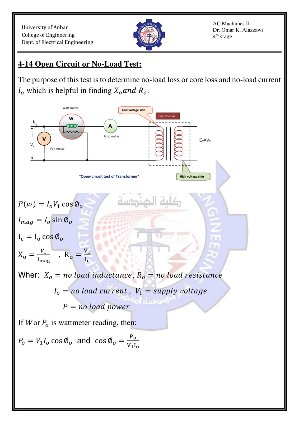 غلاف تقرير Open Circuit or No-Load Test