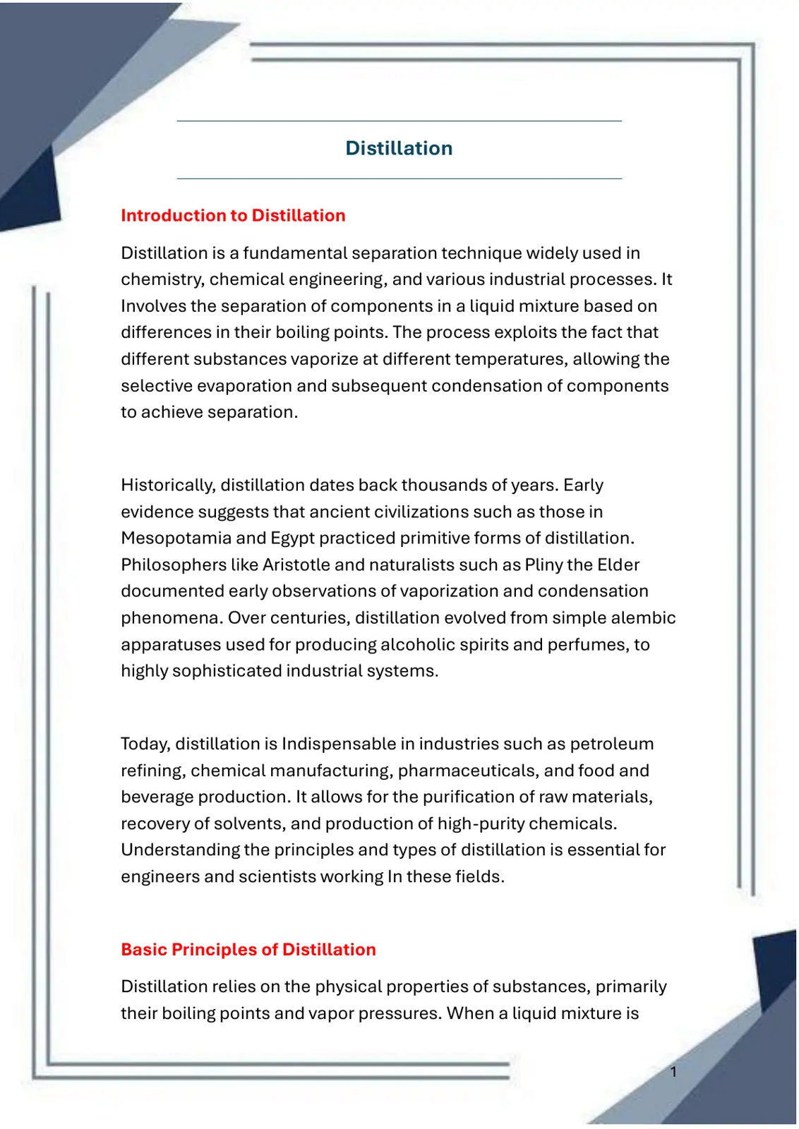 غلاف تقرير Introduction to Distillation
