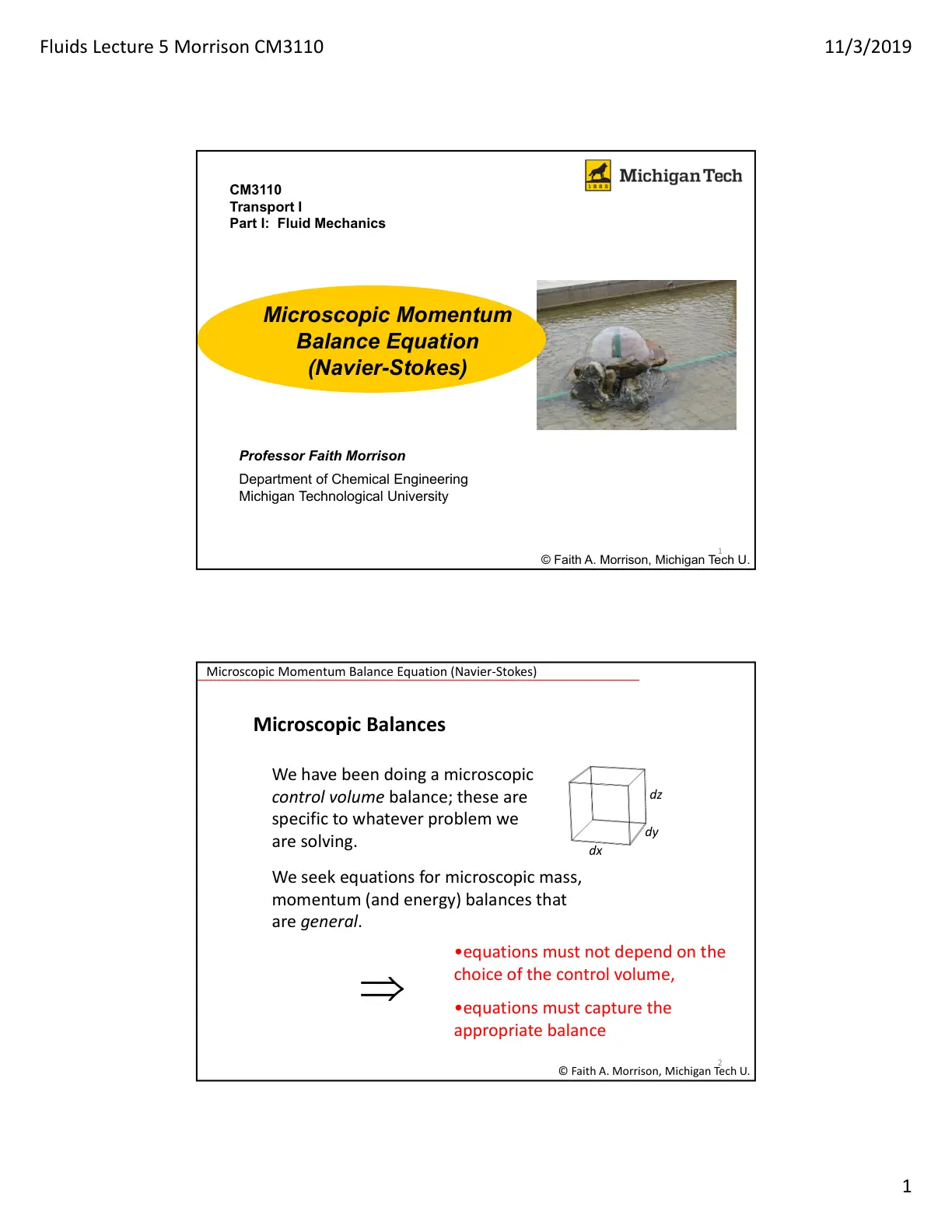 غلاف تقرير Fluids Lecture 5 - Microscopic Momentum Balance Equation (Navier-Stokes)