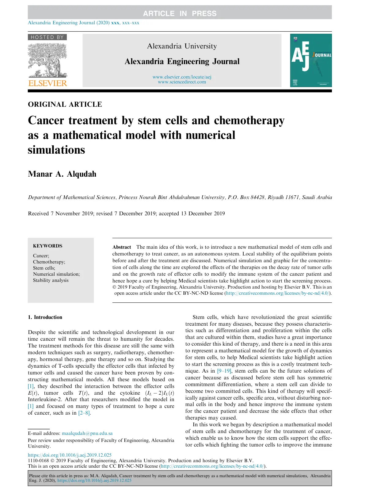 غلاف تقرير Cancer treatment by stem cells and chemotherapy as a mathematical model with numerical simulations