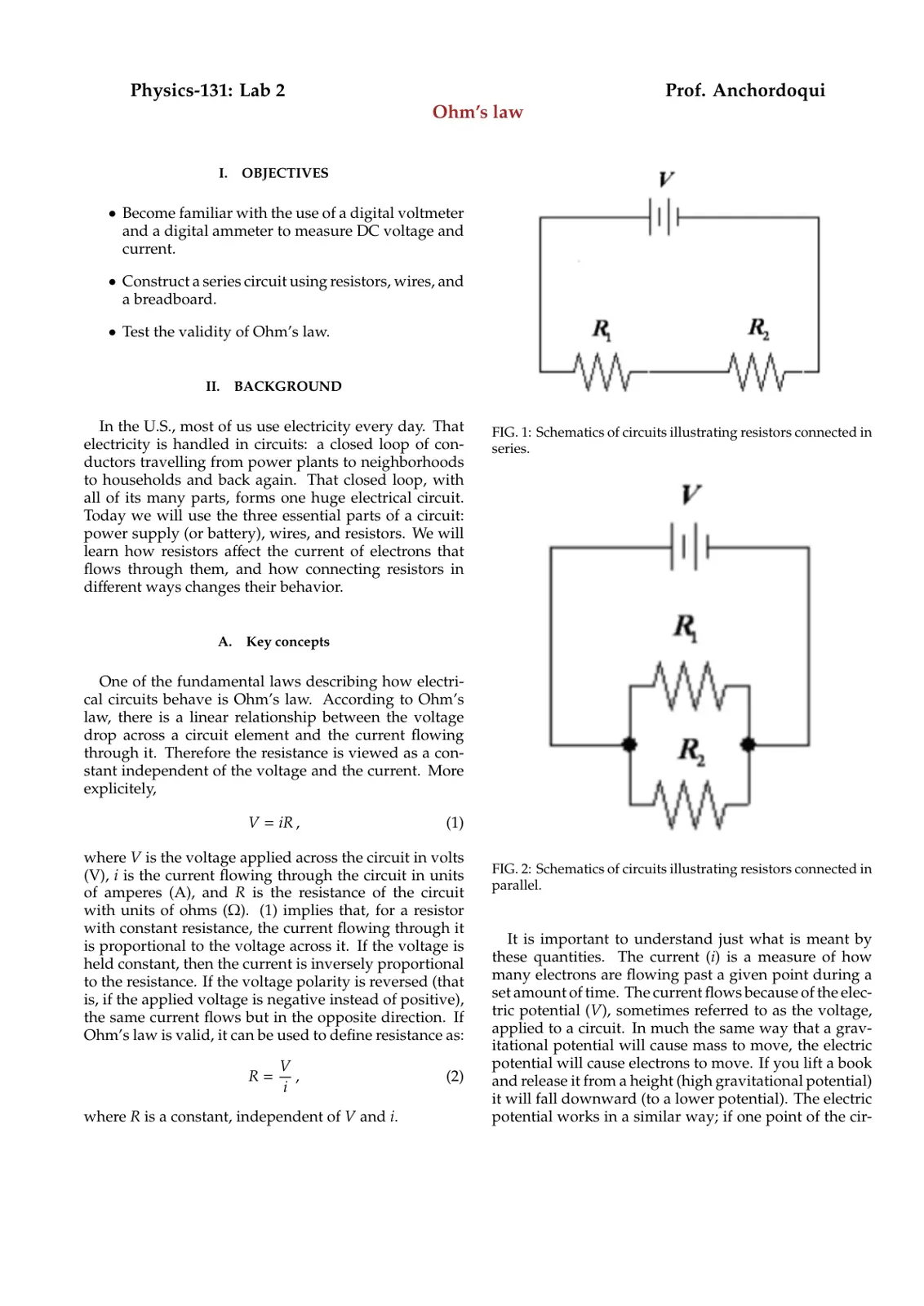 غلاف تقرير Physics-131: Lab 2 Ohm's law
