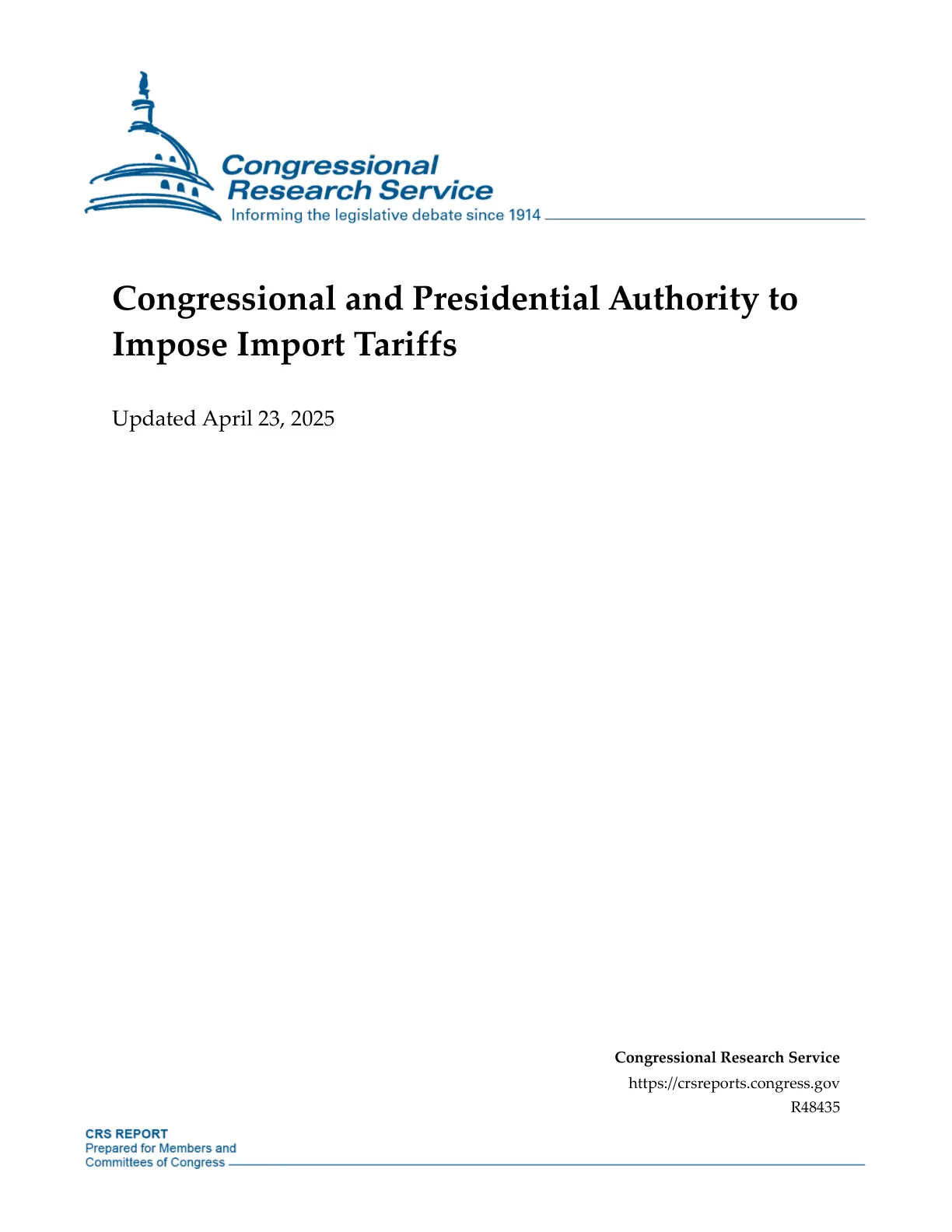 غلاف تقرير Congressional and Presidential Authority to Impose Import Tariffs