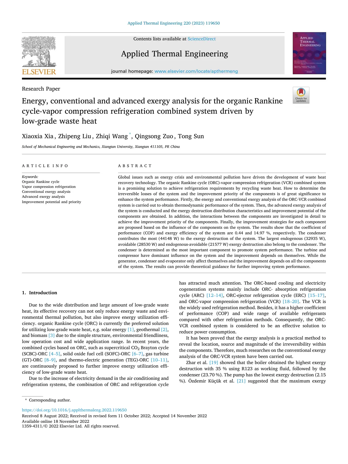 غلاف تقرير Energy, conventional and advanced exergy analysis for the organic Rankine cycle-vapor compression refrigeration combined system driven by low-grade waste heat