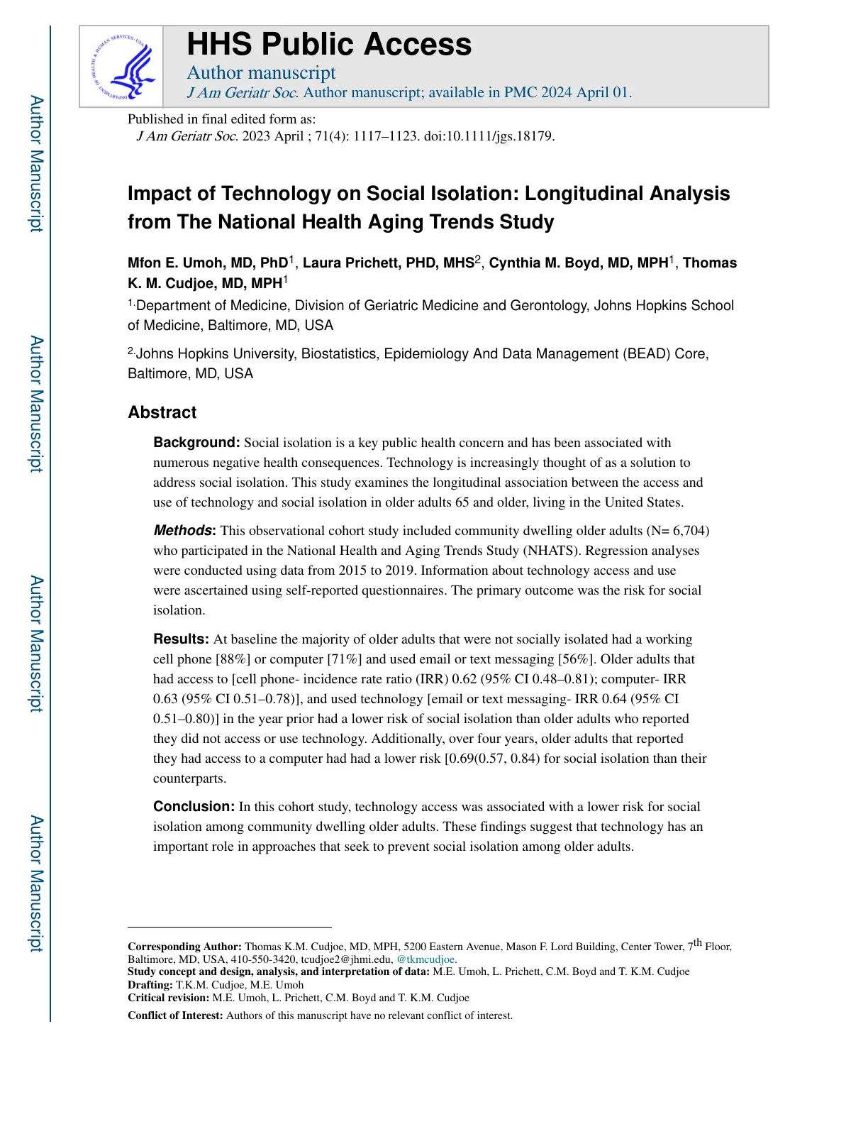 غلاف تقرير Impact of Technology on Social Isolation: Longitudinal Analysis from The National Health Aging Trends Study