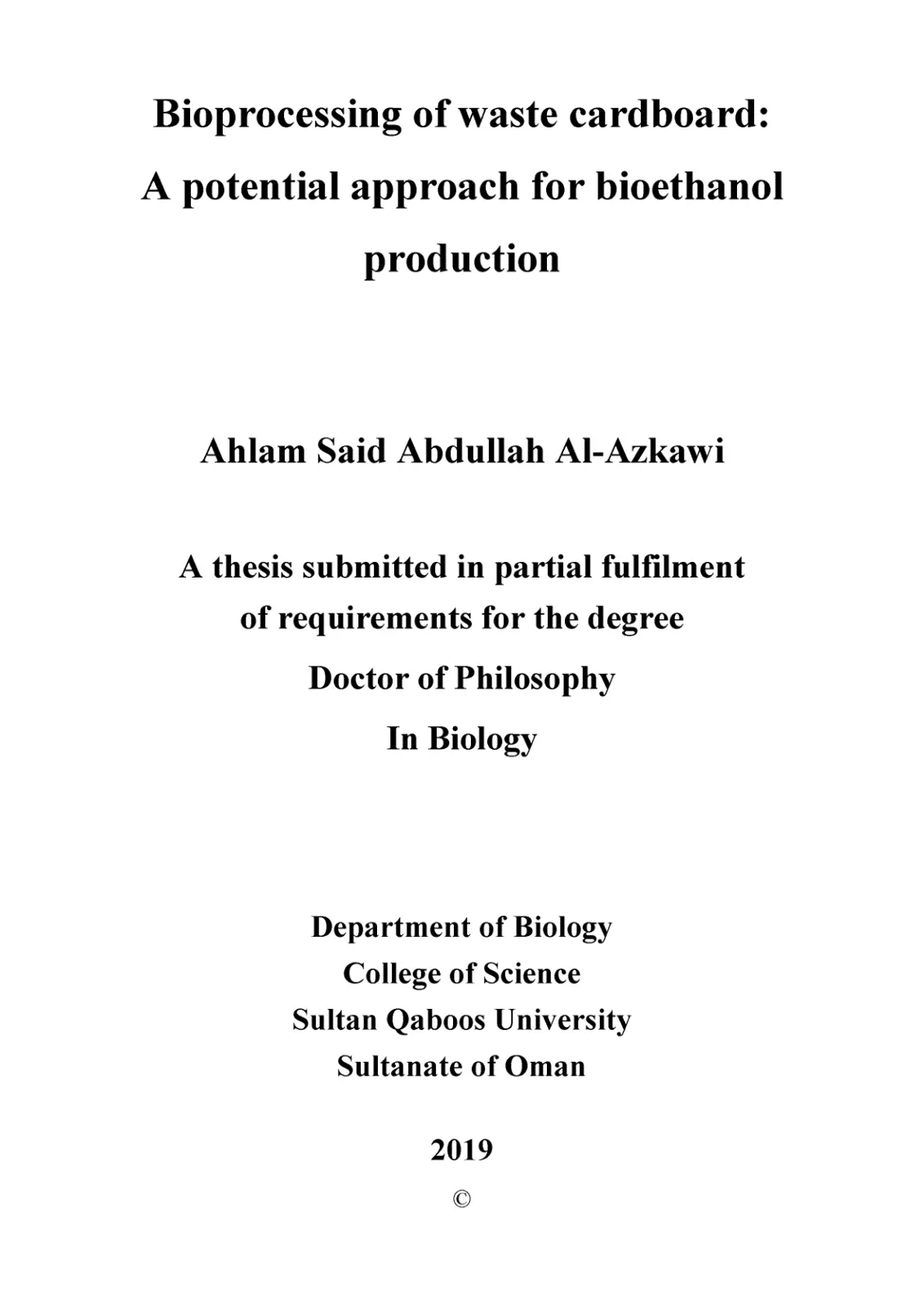 غلاف تقرير Bioprocessing of waste cardboard: A potential approach for bioethanol production