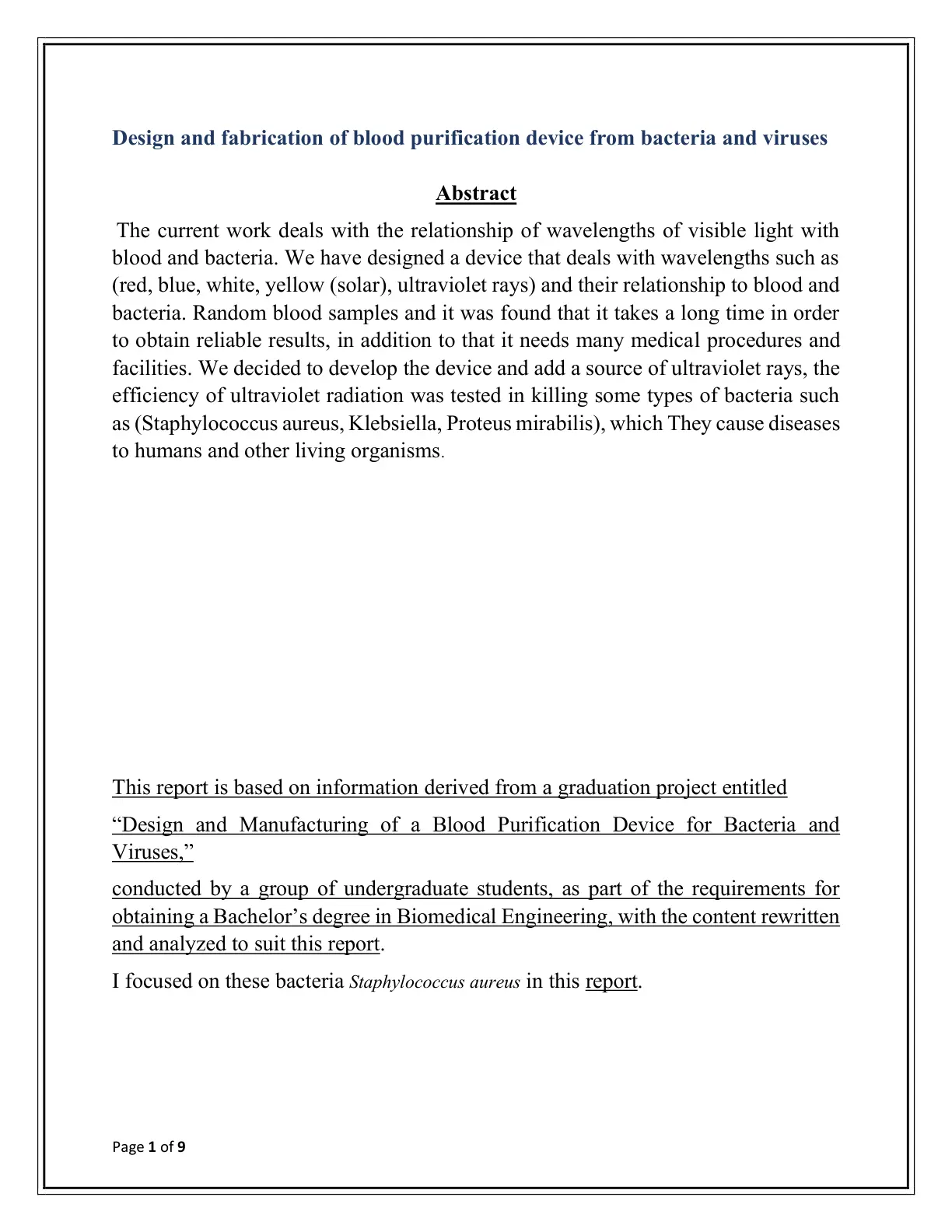 غلاف تقرير Design and Fabrication of Blood Purification Device from Bacteria and Viruses