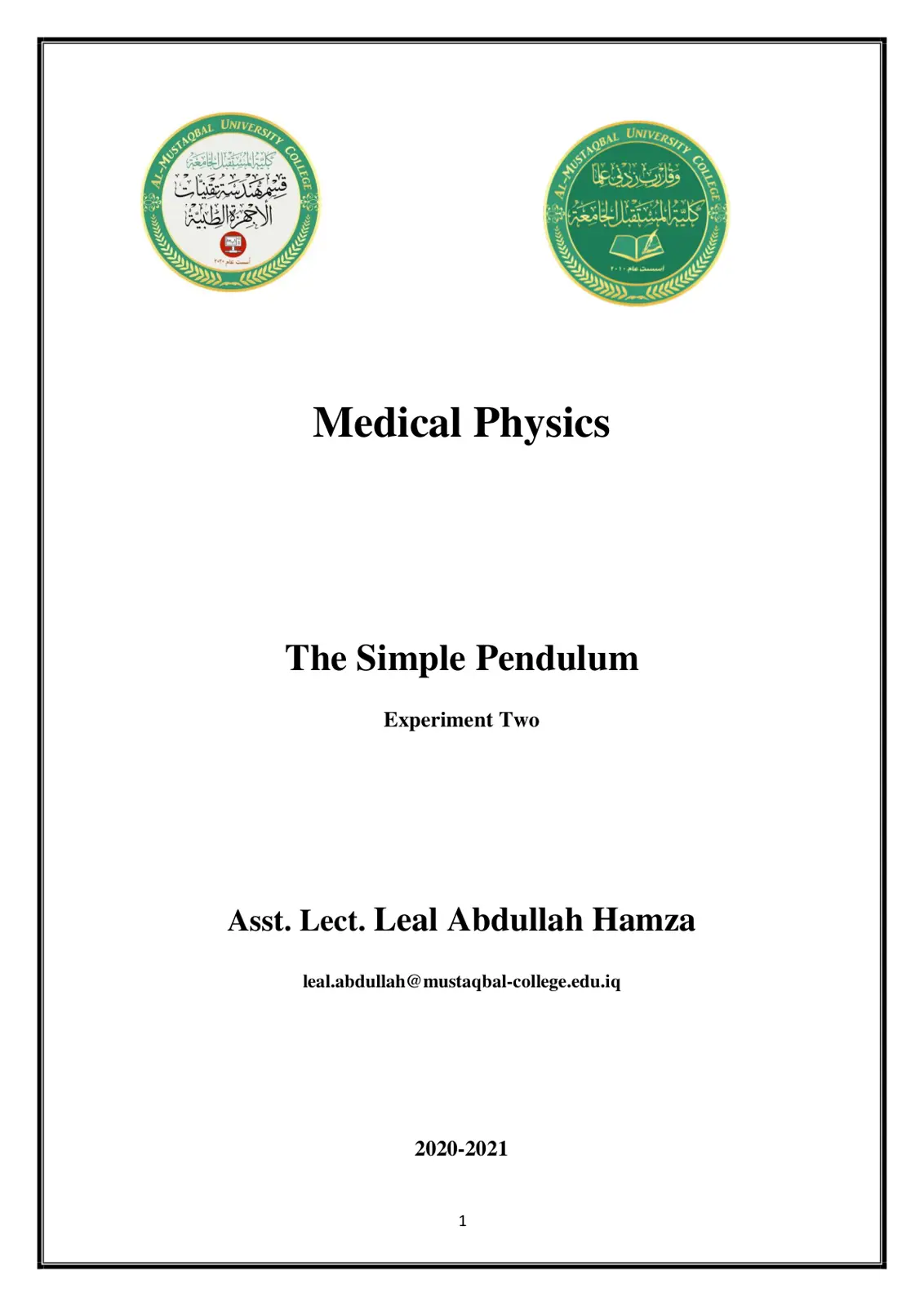 غلاف تقرير Medical Physics - The Simple Pendulum - Experiment Two