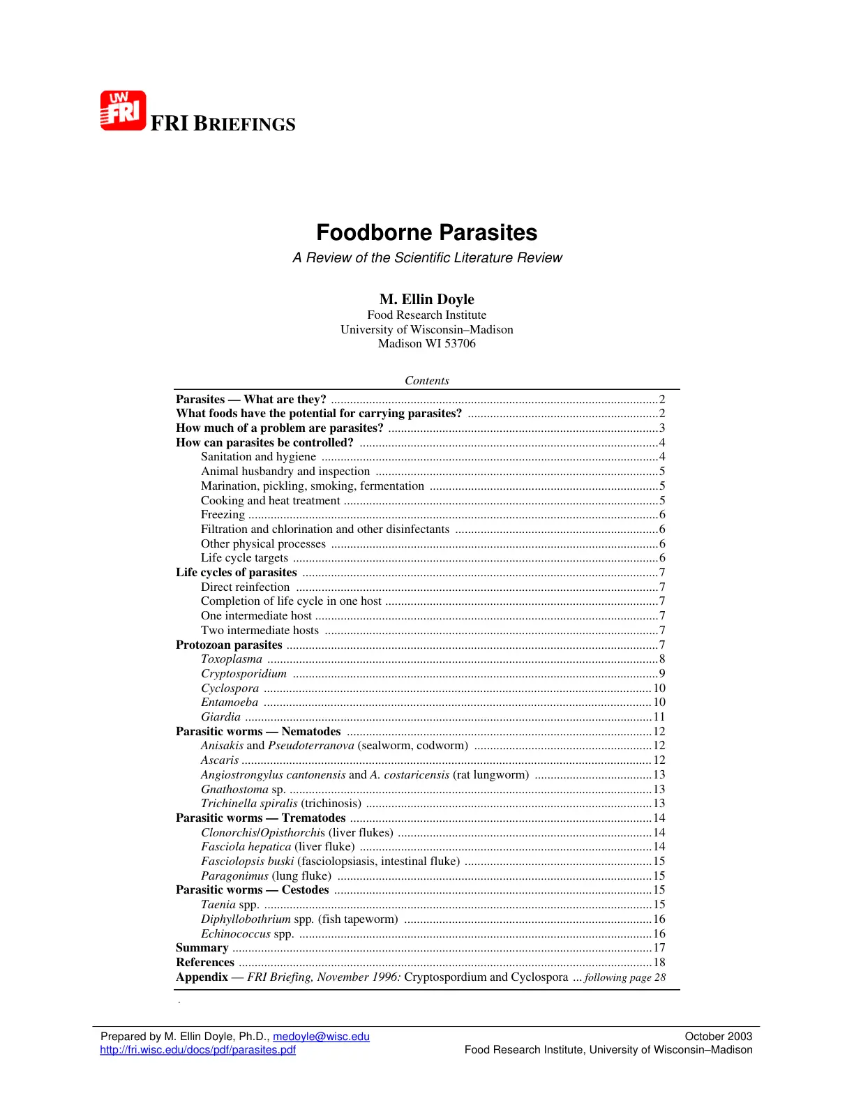 غلاف تقرير Foodborne Parasites: A Review of the Scientific Literature Review