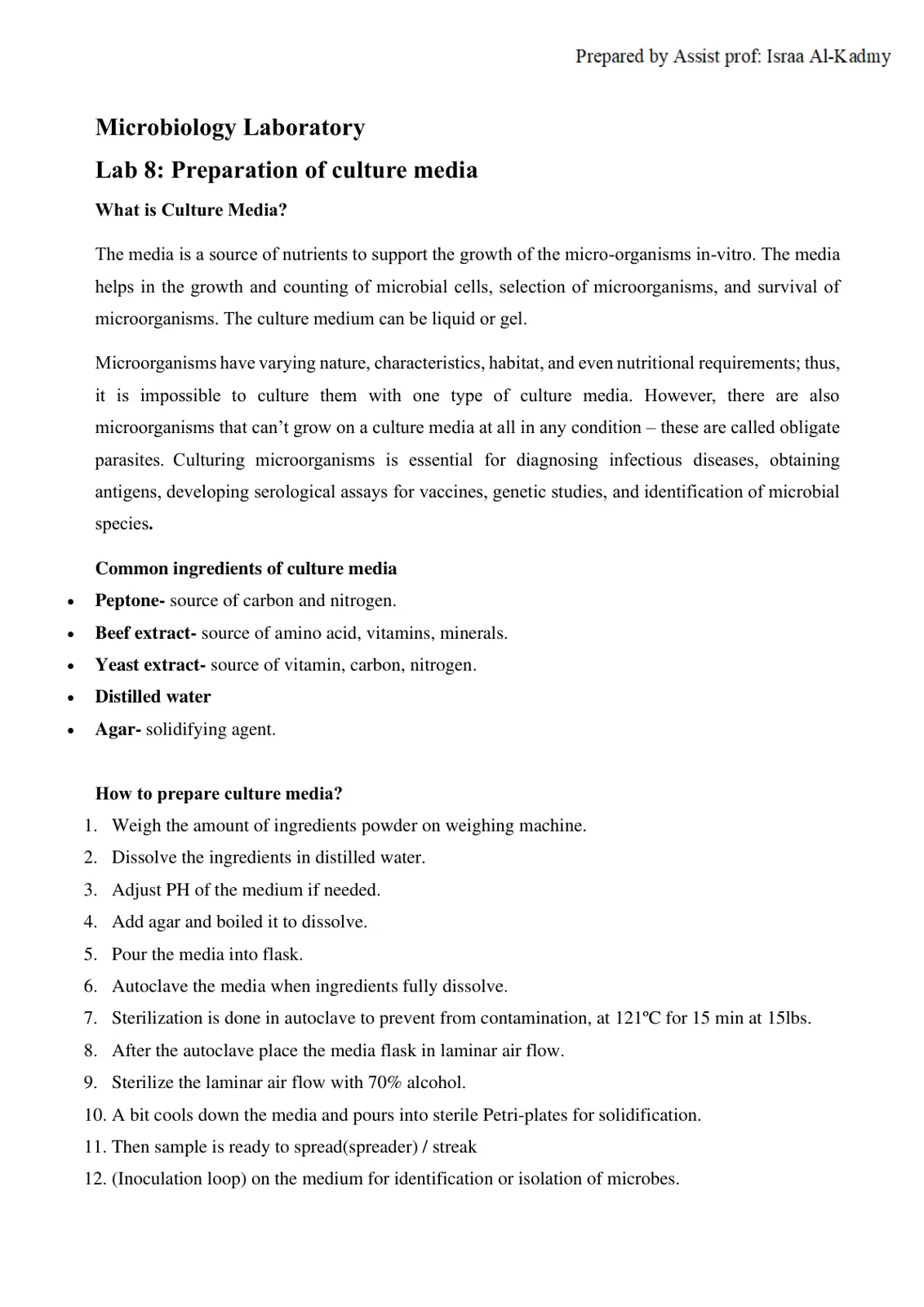 غلاف تقرير Lab 8: Preparation of culture media