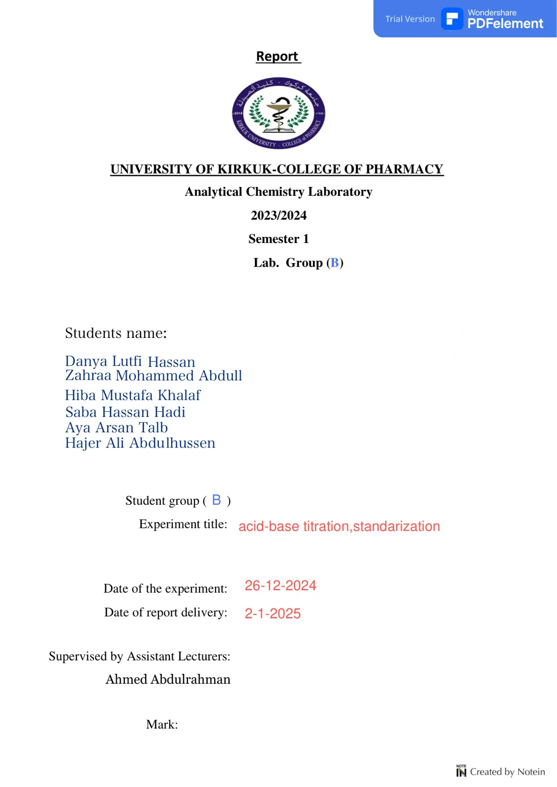غلاف تقرير Acid-Base Titration, Standardization - Analytical Chemistry Laboratory