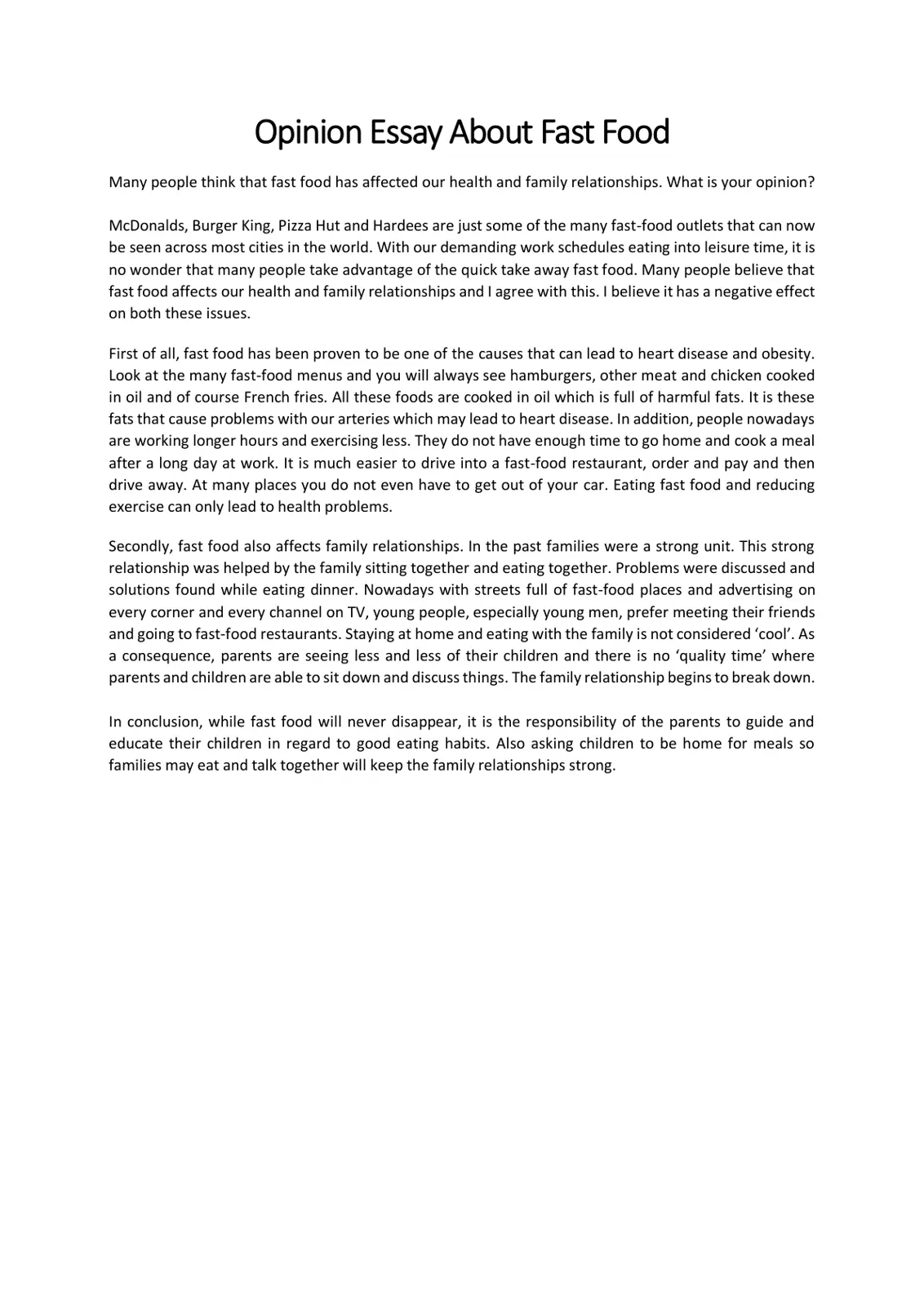غلاف تقرير Opinion Essay About Fast Food