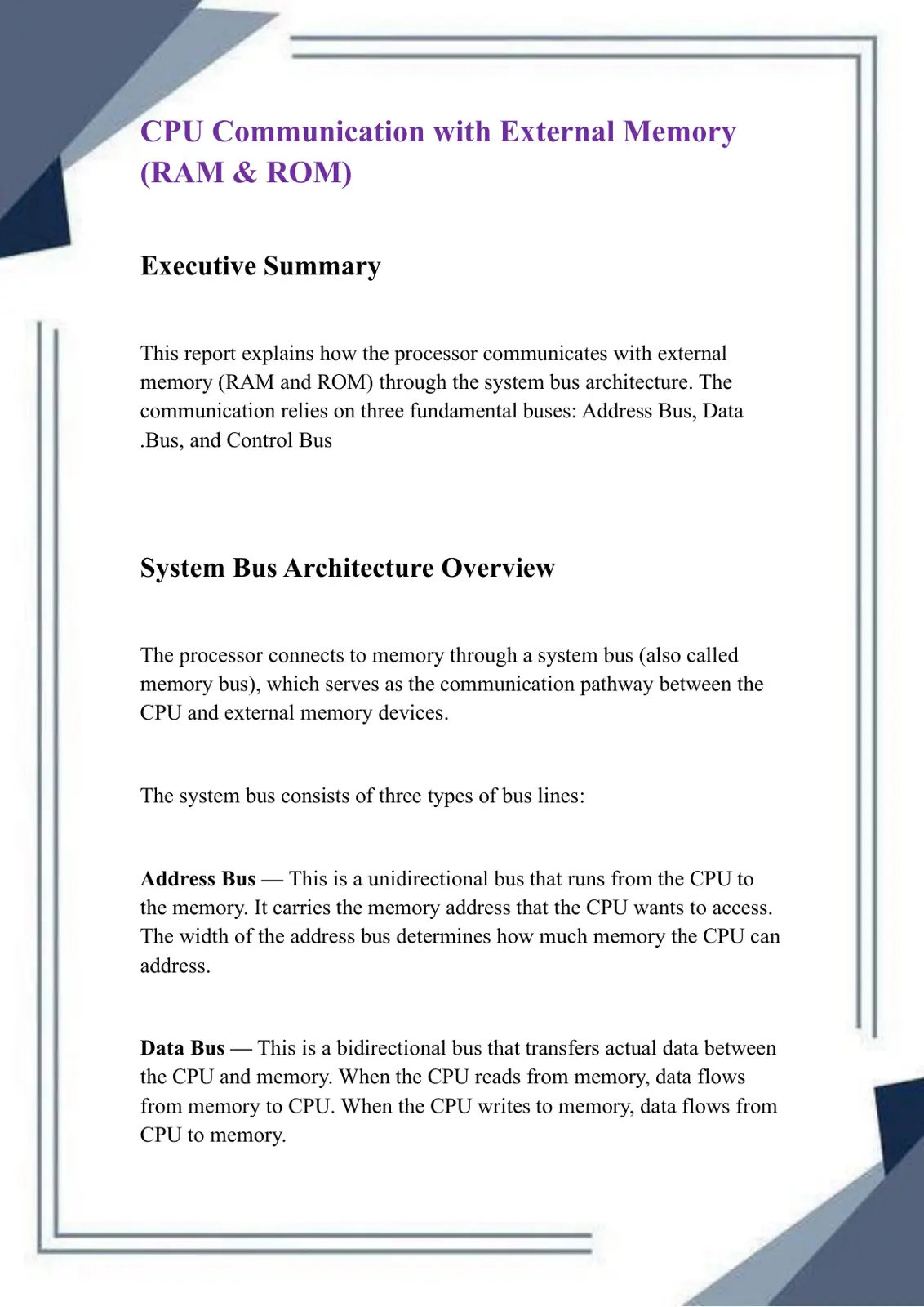 غلاف تقرير CPU Communication with External Memory (RAM & ROM)