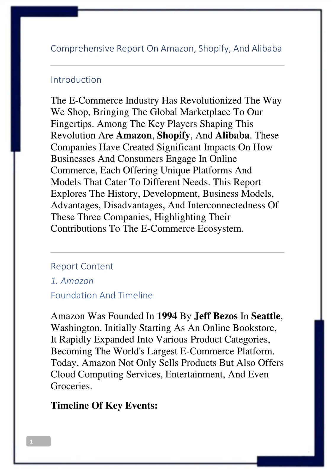 غلاف تقرير Comprehensive Report On Amazon, Shopify, And Alibaba