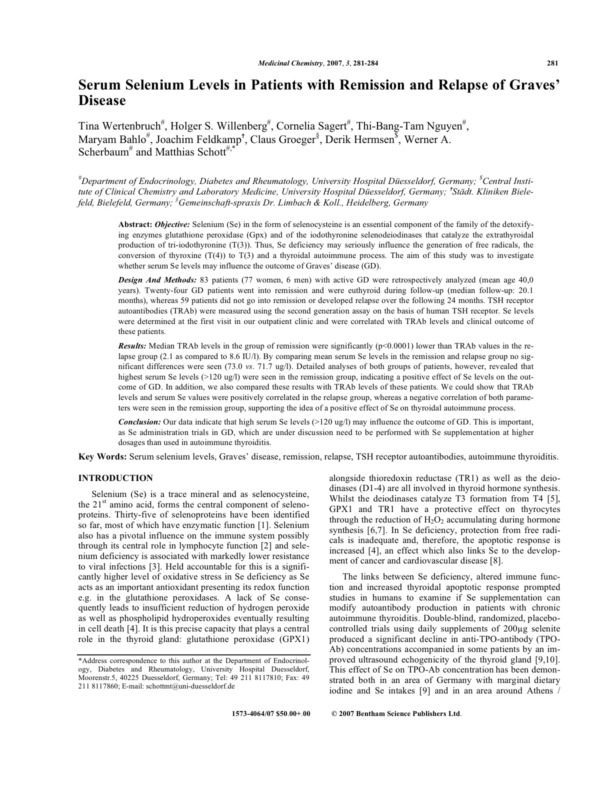 غلاف تقرير Serum Selenium Levels in Patients with Remission and Relapse of Graves' Disease