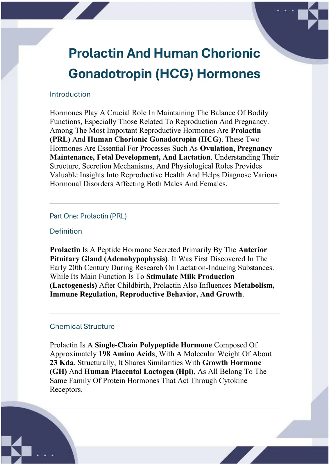 غلاف تقرير Prolactin And Human Chorionic Gonadotropin (HCG) Hormones