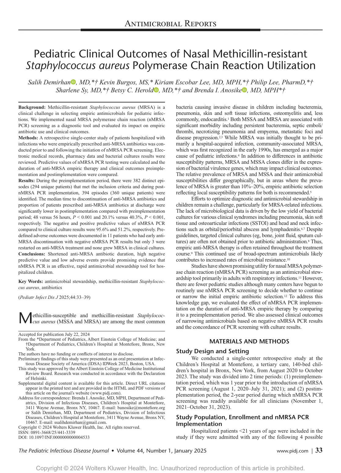 غلاف تقرير Pediatric Clinical Outcomes of Nasal Methicillin-resistant Staphylococcus aureus Polymerase Chain Reaction Utilization
