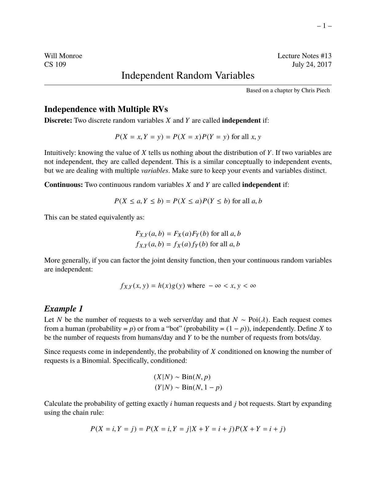 غلاف تقرير CS 109 – Independent Random Variables