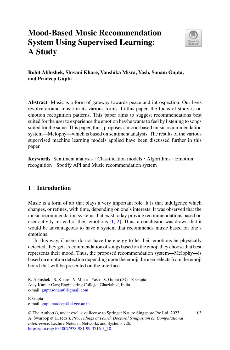 غلاف تقرير Mood-Based Music Recommendation System Using Supervised Learning: A Study