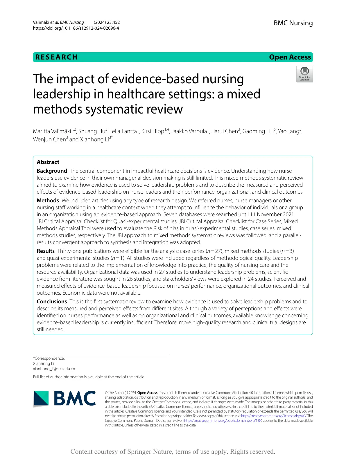 غلاف تقرير The impact of evidence-based nursing leadership in healthcare settings: a mixed methods systematic review