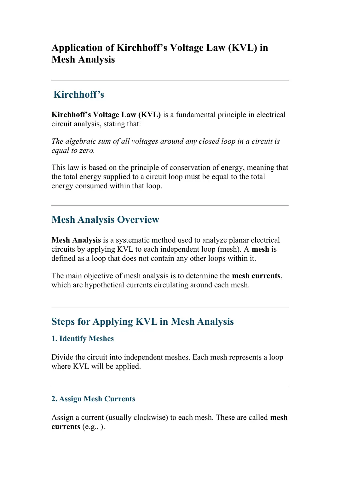 غلاف تقرير Application of Kirchhoff's Voltage Law (KVL) in Mesh Analysis