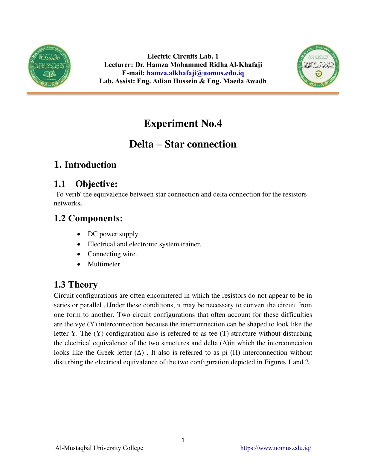 غلاف تقرير Electric Circuits Lab. 1 Experiment No.4 - Delta Star connection