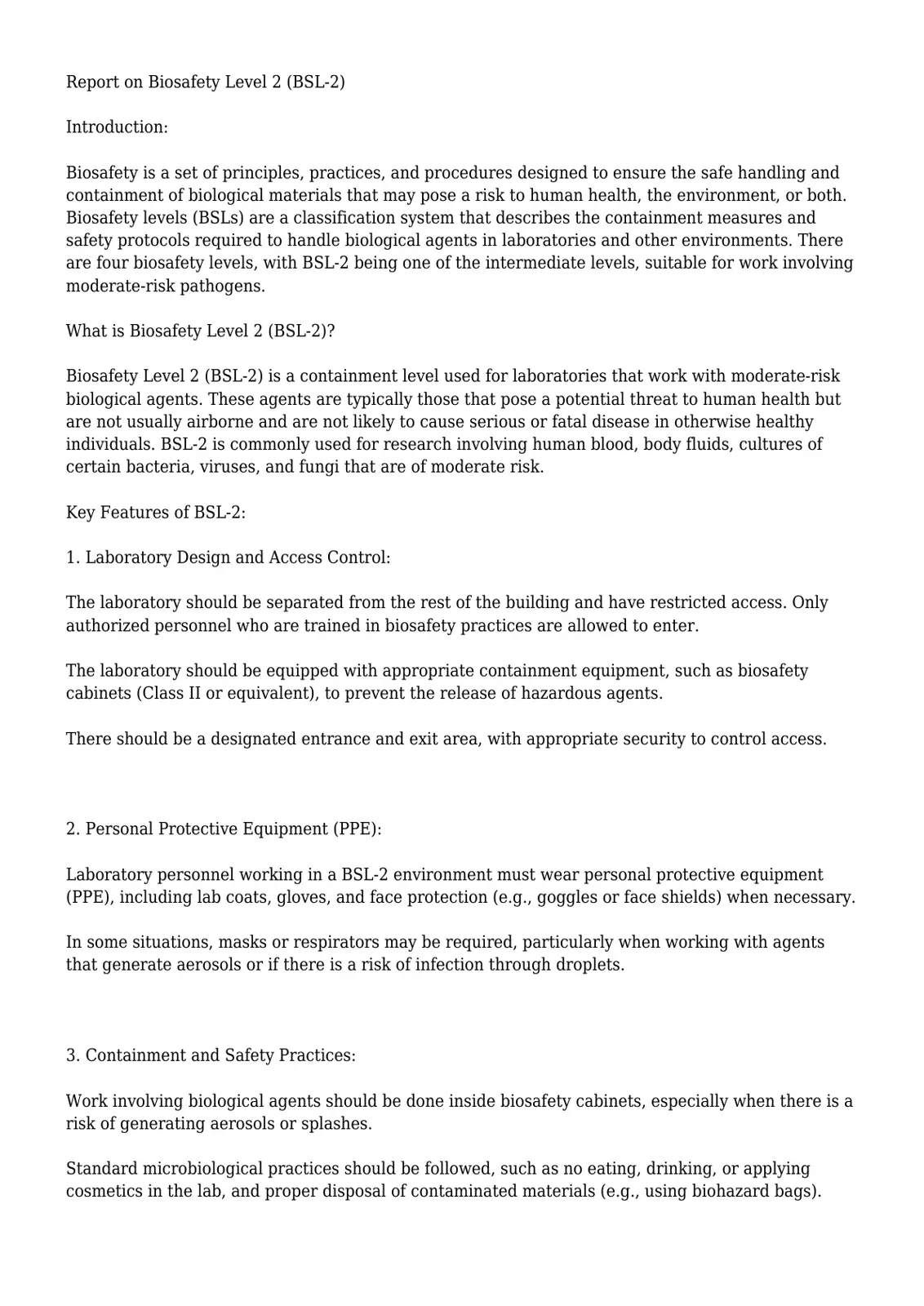 غلاف تقرير Report on Biosafety Level 2 (BSL-2)