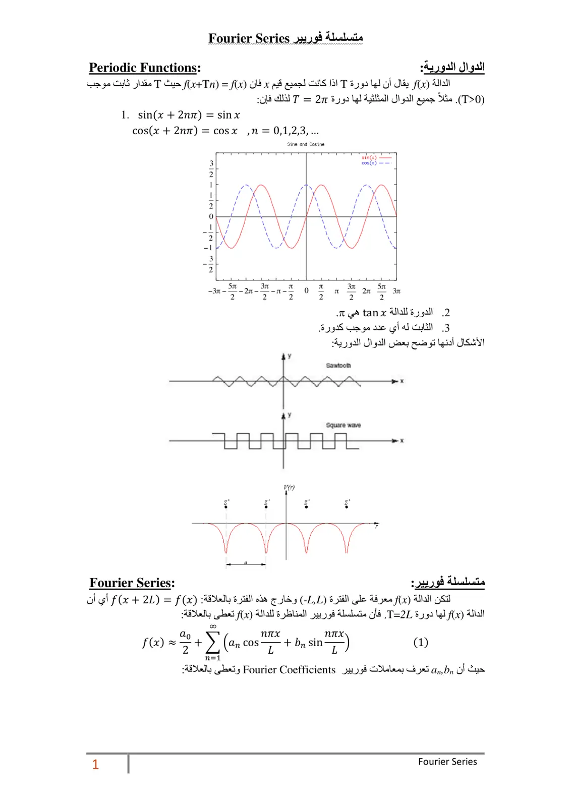 غلاف تقرير الدوال الدورية: متسلسلة فوريير Fourier Series