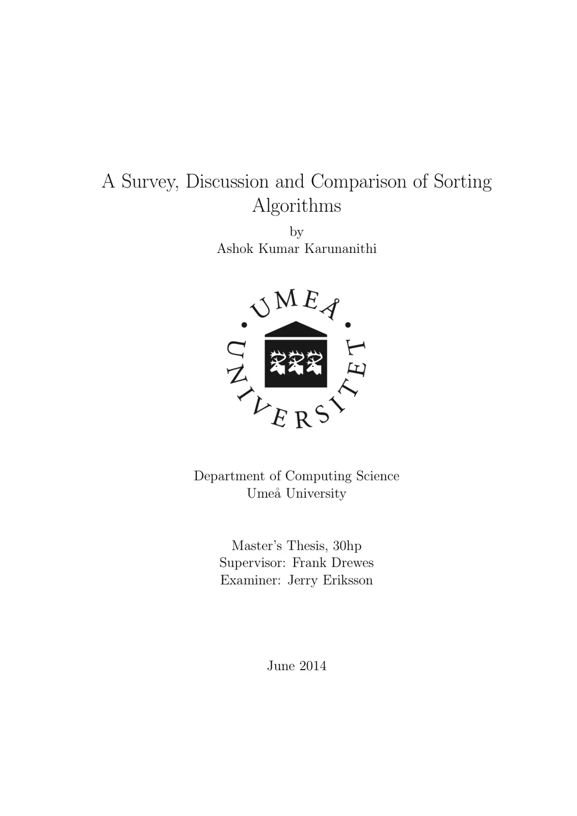 غلاف تقرير A Survey, Discussion and Comparison of Sorting Algorithms