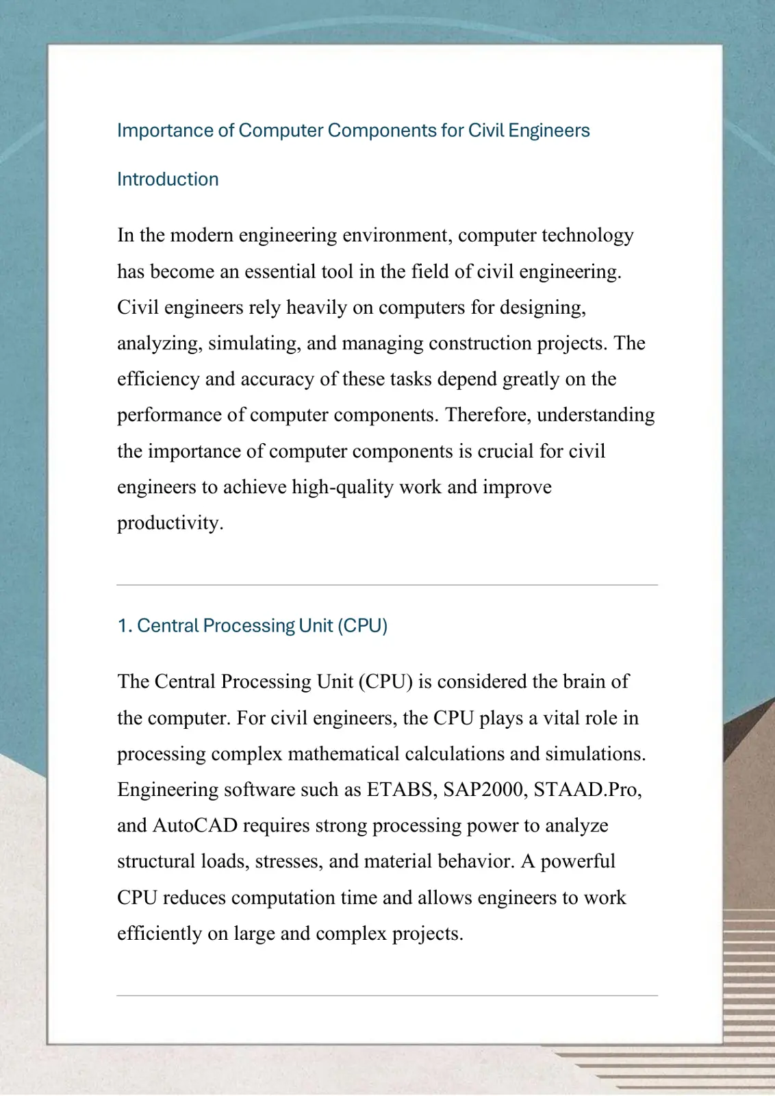 غلاف تقرير Importance of Computer Components for Civil Engineers