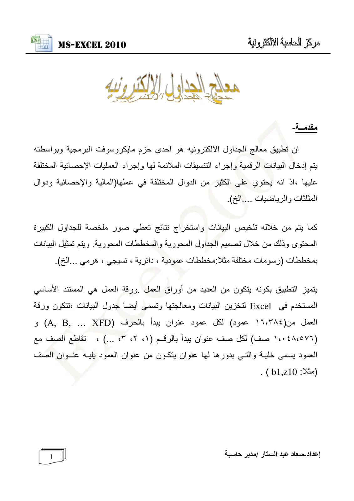 غلاف تقرير MS-EXCEL 2010 معالج الجداول الإلكترونية
