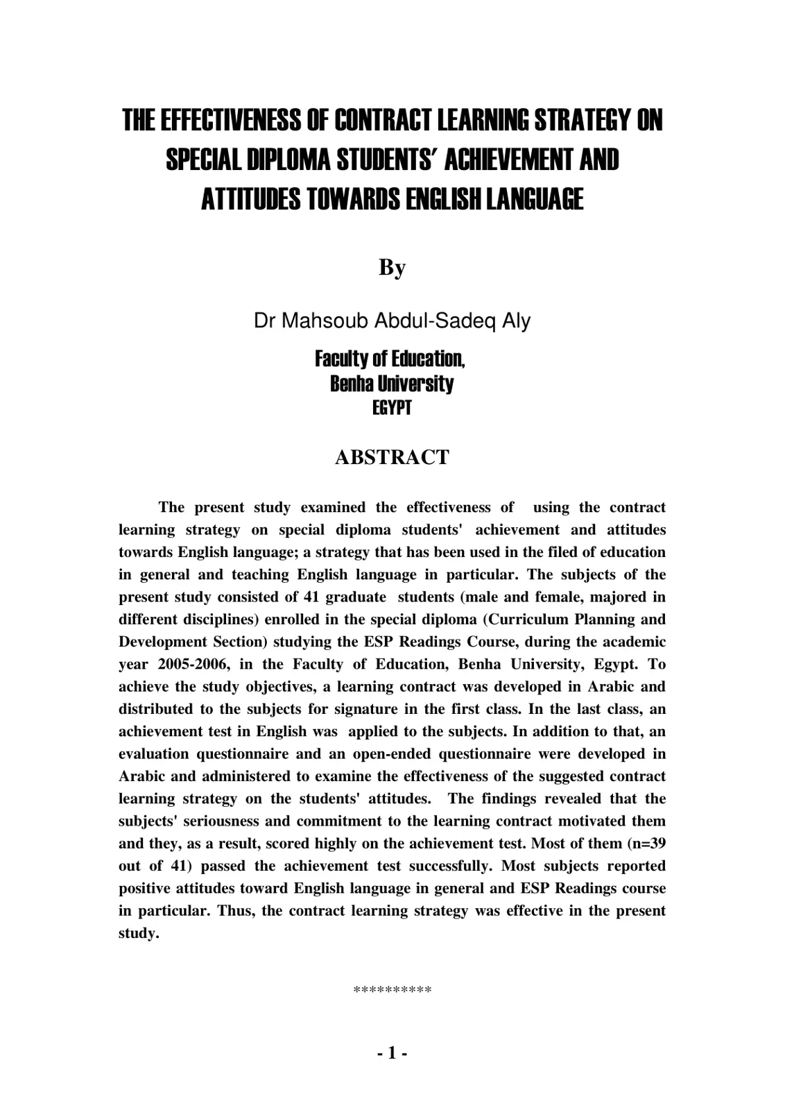 غلاف تقرير The Effectiveness of Contract Learning Strategy on Special Diploma Students' Achievement and Attitudes towards English Language