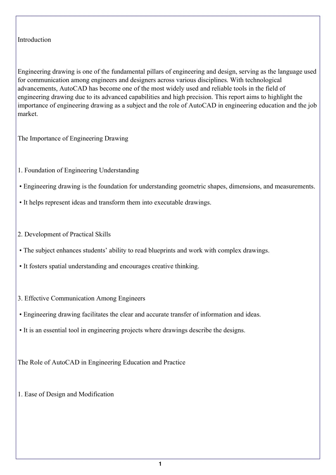 غلاف تقرير The Importance of Engineering Drawing and AutoCAD
