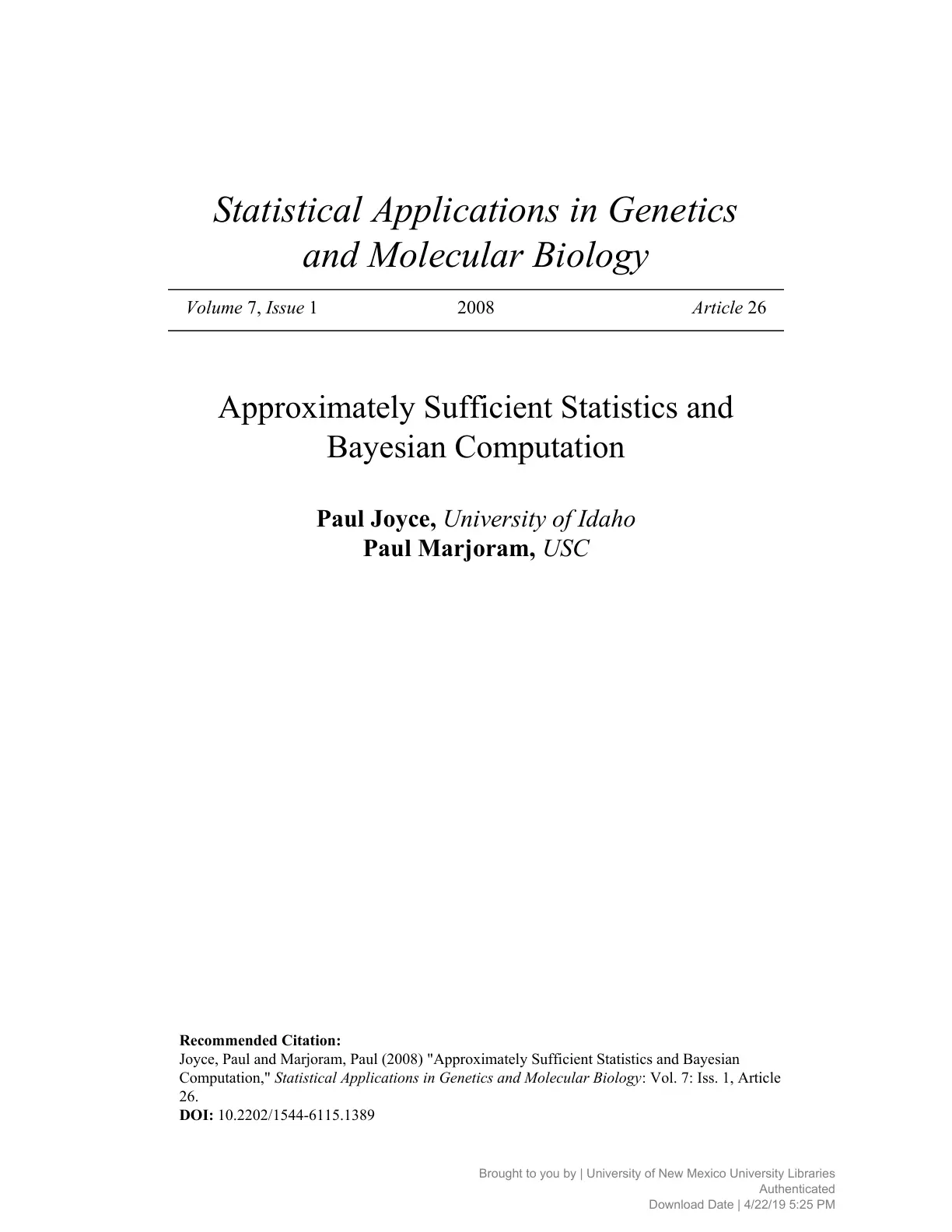 غلاف تقرير Approximately Sufficient Statistics and Bayesian Computation
