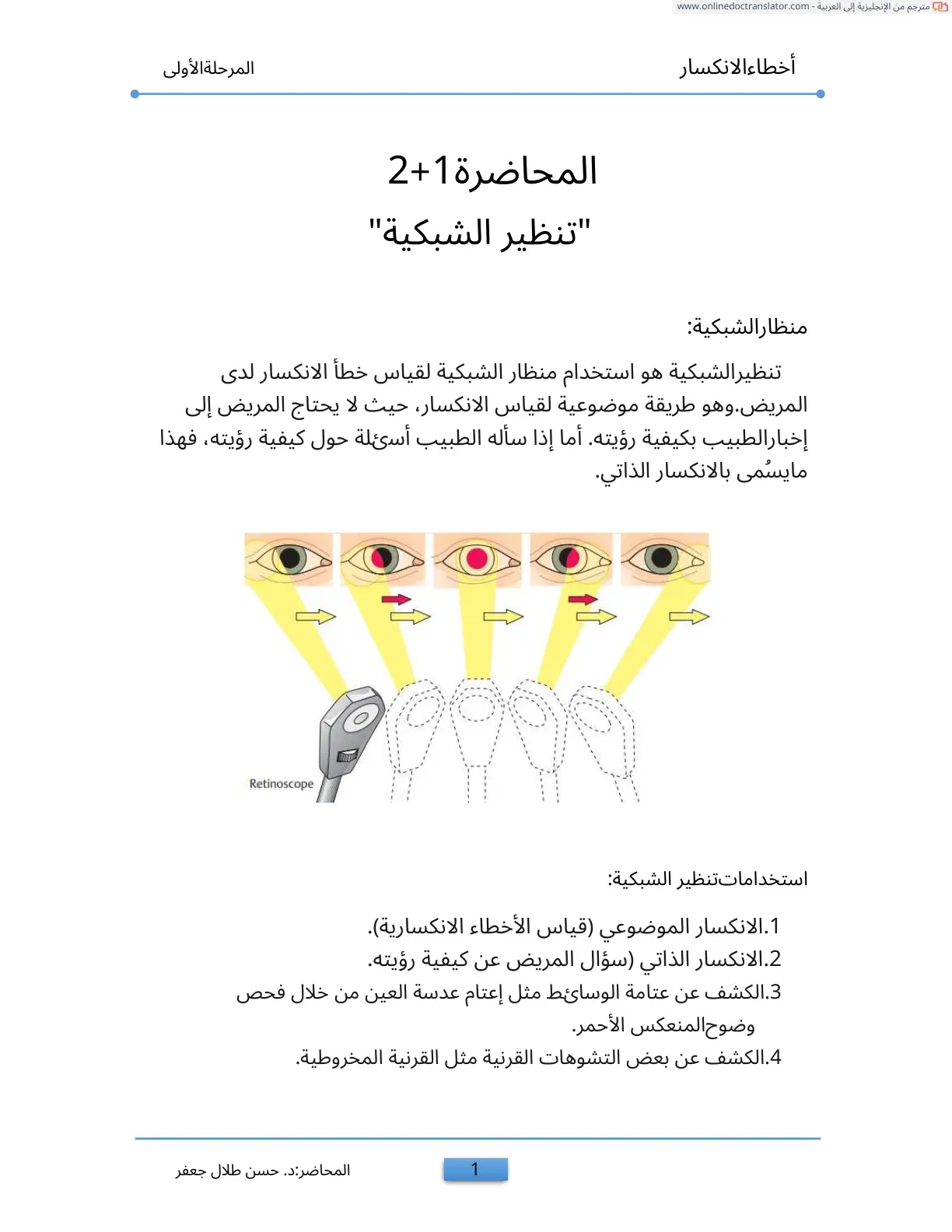 غلاف تقرير أخطاء الانكسار منظار الشبكية: المحاضرة 1+2