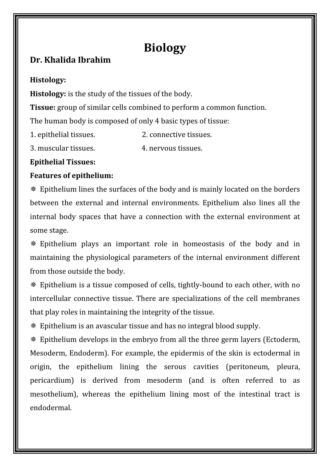 غلاف تقرير Biology - Histology: Introduction to Tissues and Epithelial Tissues