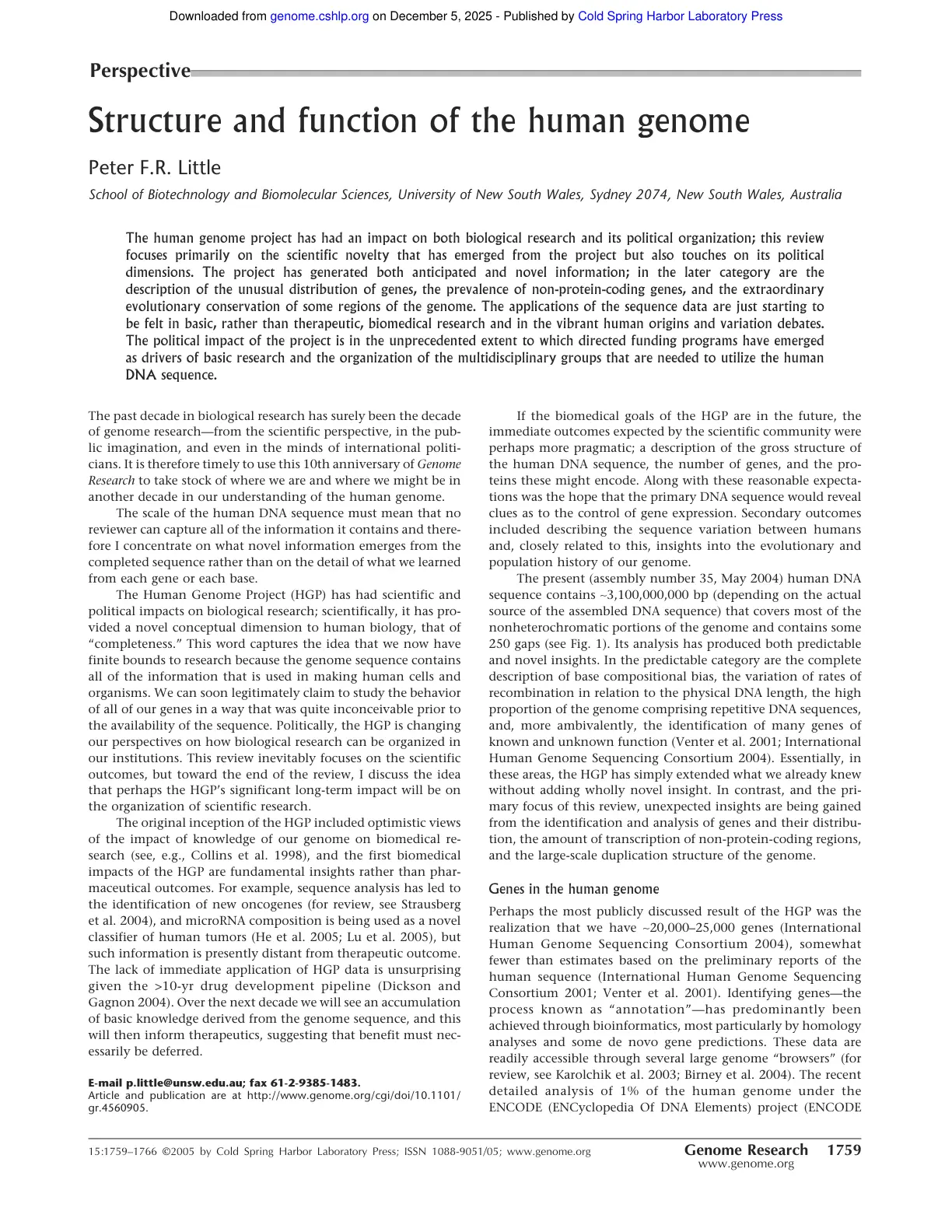 غلاف تقرير Structure and function of the human genome