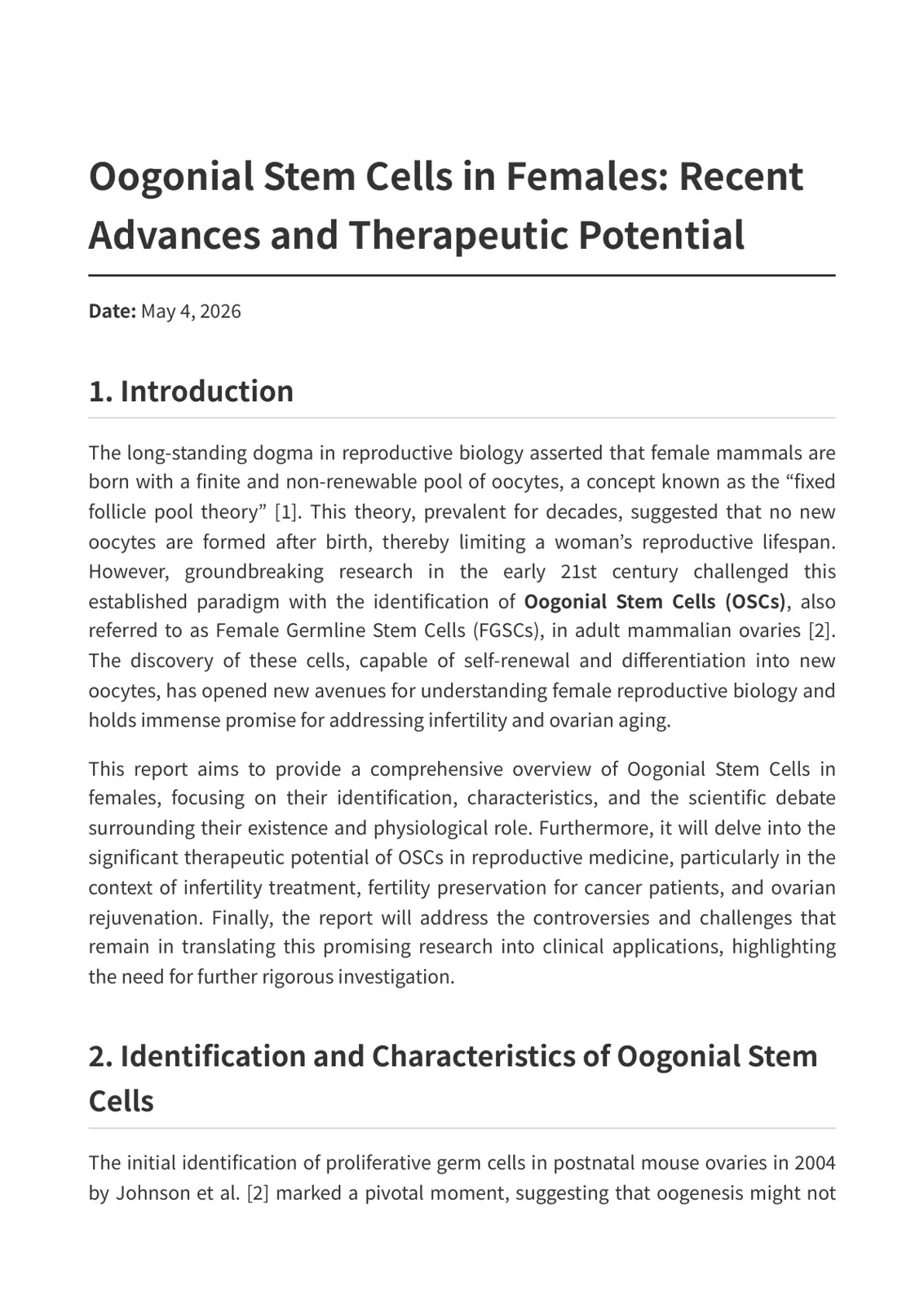 غلاف تقرير Oogonial Stem Cells in Females: Recent Advances and Therapeutic Potential