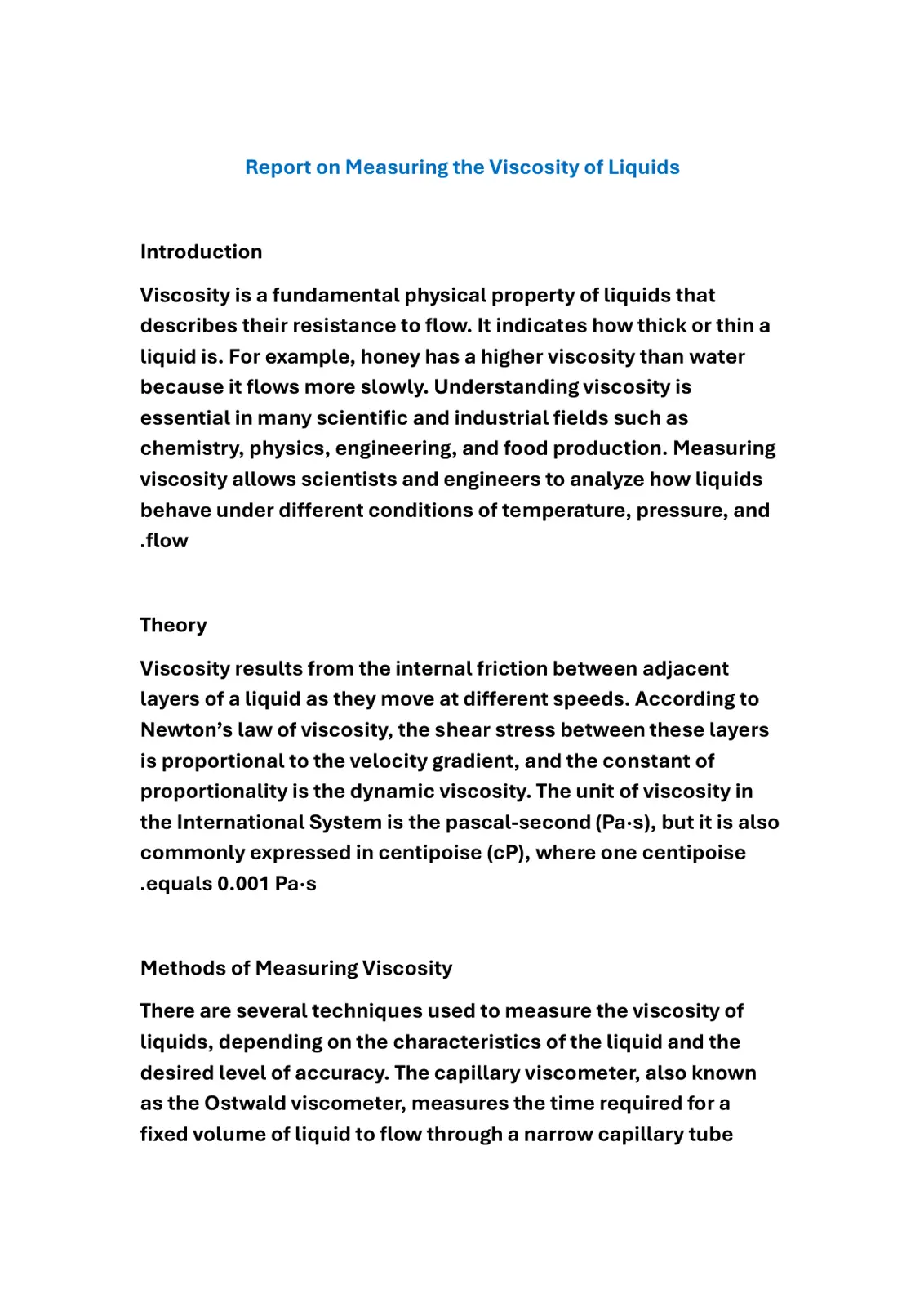 غلاف تقرير Report on Measuring the Viscosity of Liquids