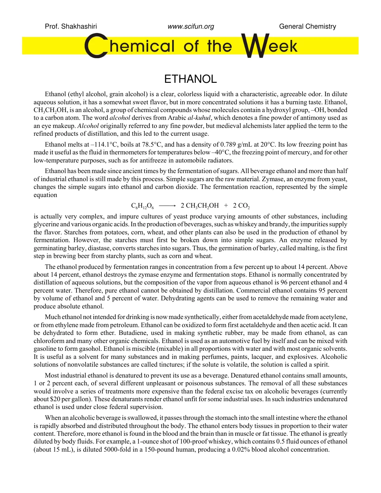غلاف تقرير General Chemistry: Chemical of the Week - ETHANOL