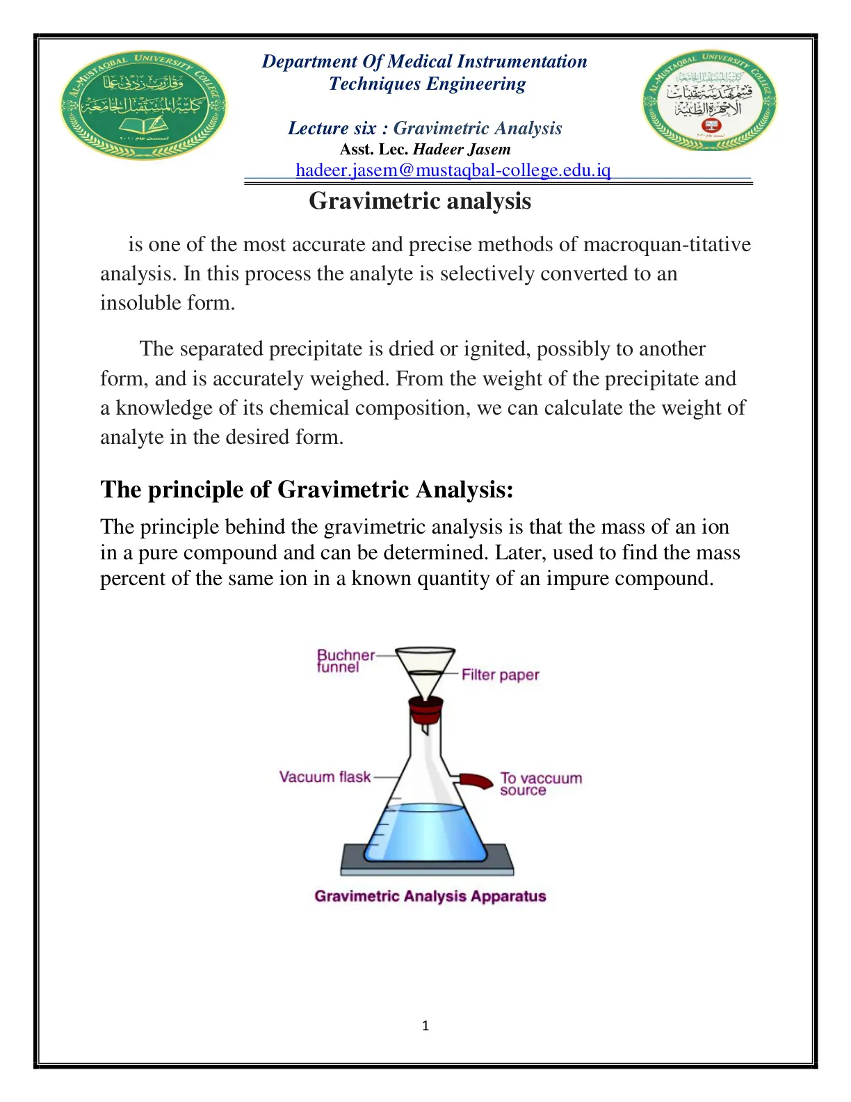 غلاف تقرير Lecture Six: Gravimetric Analysis