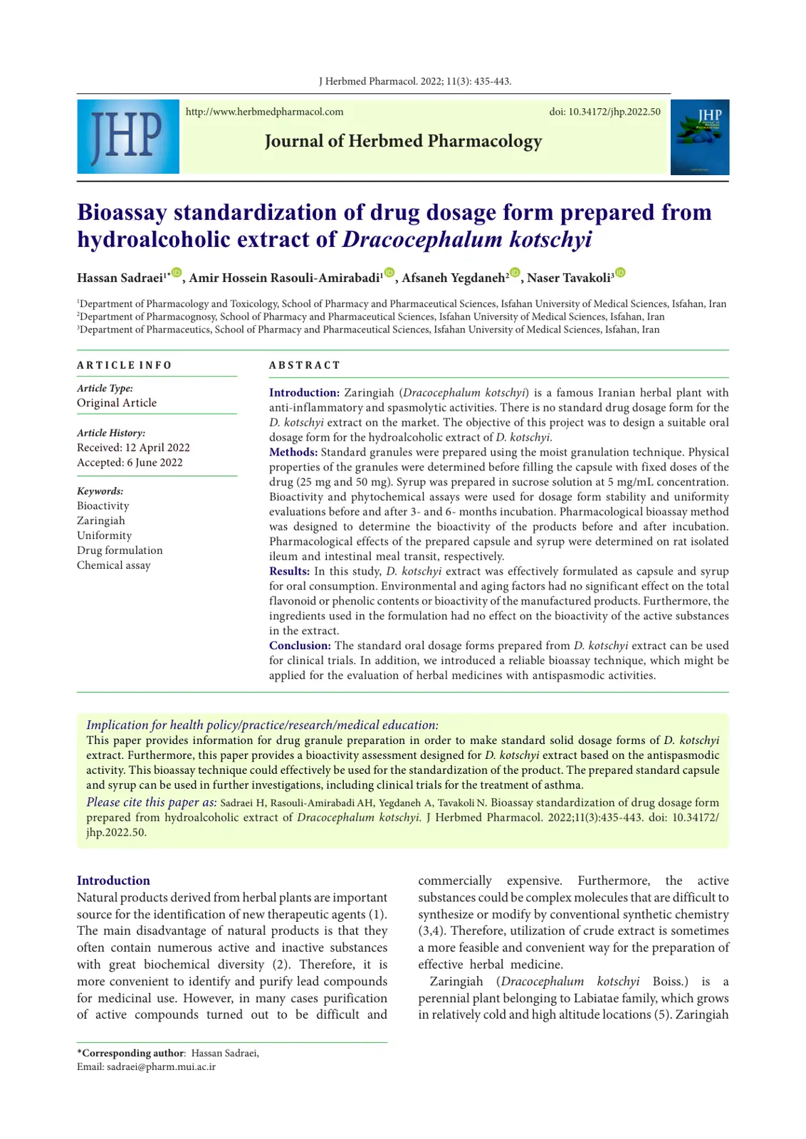 غلاف تقرير Bioassay standardization of drug dosage form prepared from hydroalcoholic extract of Dracocephalum kotschyi