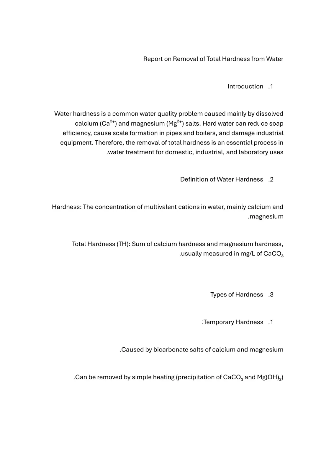 غلاف تقرير Report on Removal of Total Hardness from Water