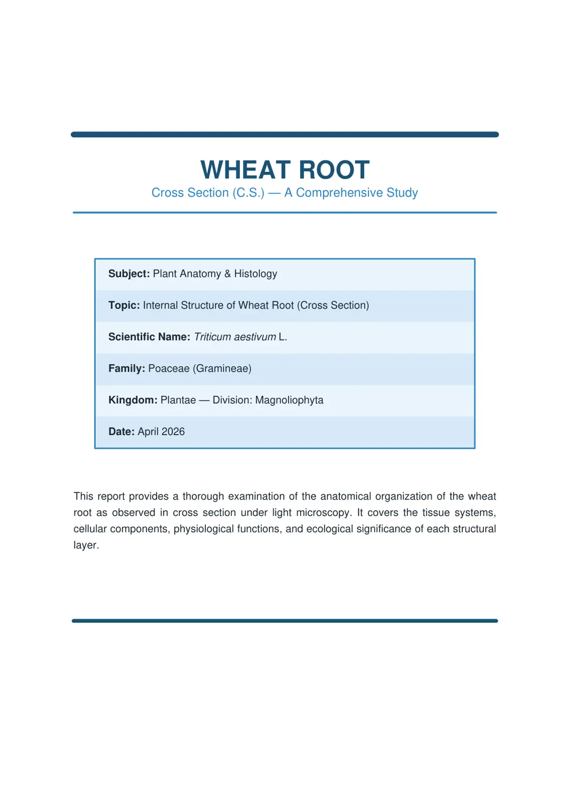 غلاف تقرير Wheat Root Cross Section (C.S.) - A Comprehensive Study