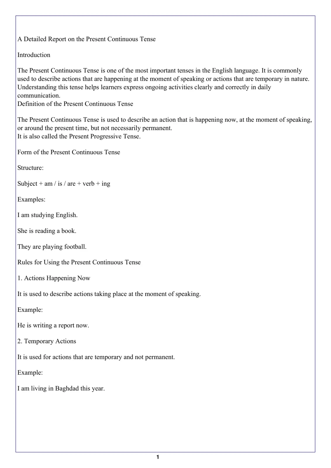 غلاف تقرير A Detailed Report on the Present Continuous Tense