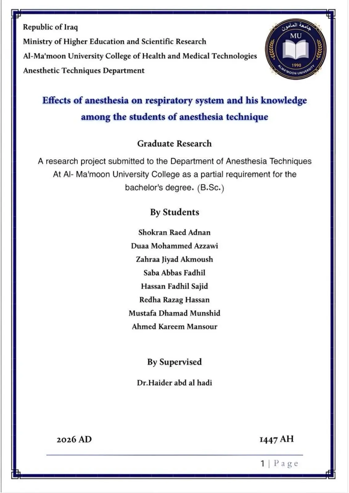 غلاف تقرير Effects of anesthesia on respiratory system and his knowledge among the students of anesthesia technique