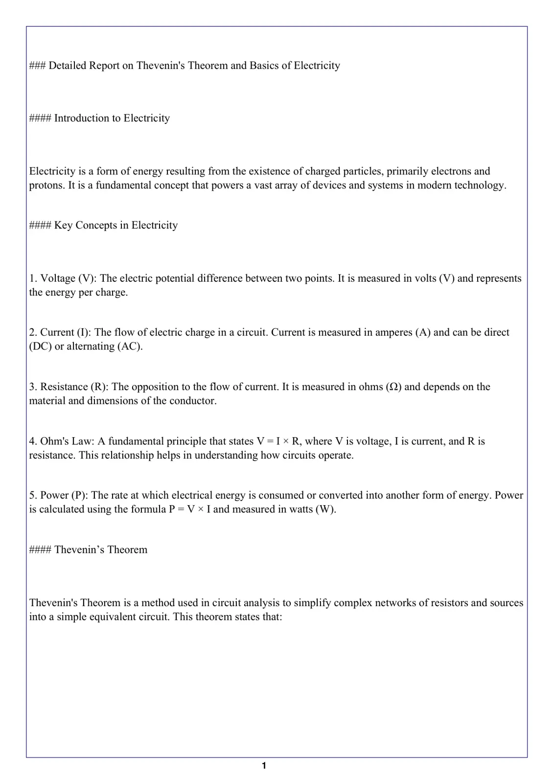 غلاف تقرير Detailed Report on Thevenin's Theorem and Basics of Electricity