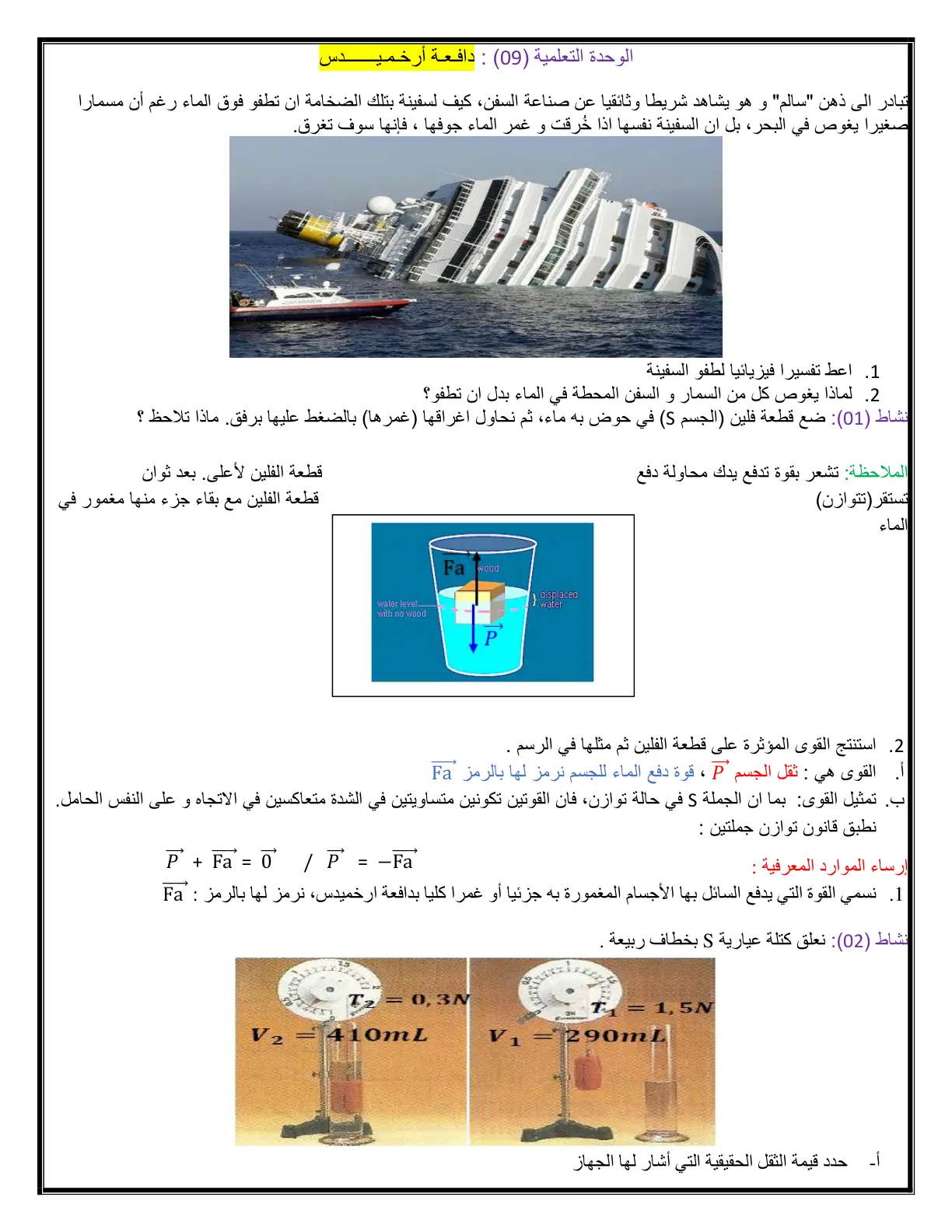 غلاف تقرير الوحدة التعلمية (09) : دافعة أرخميدس